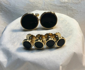 Round Gold Tone Concentric Rings Blk Onyx Center Stud Set