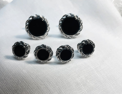 FS53 S Silver Tone Filigree Circles Black Onyx Center