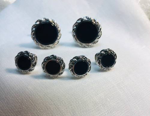 Silver Tone Filigreed Round Trim with Black Onyx Center Stud Set
